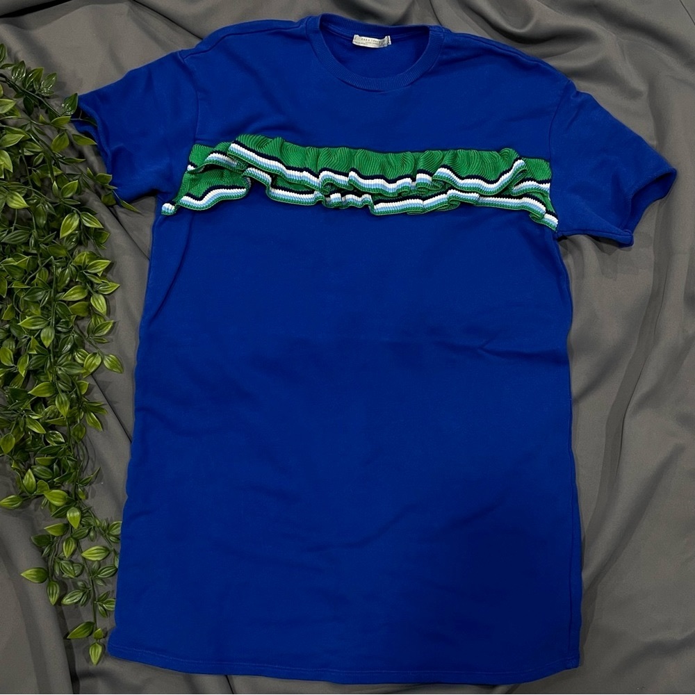 ZARA Trafaluc Straight Cut Blue Green Ruffle T Shirt Mini Dress Size S